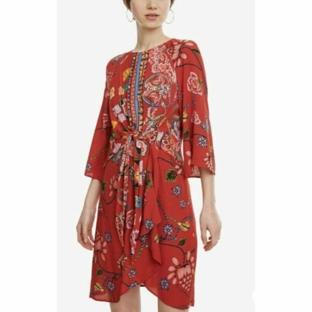 Desigual Red Boho Floral Tie Front Dress 46 (L) Vibrant Print Spain Style
